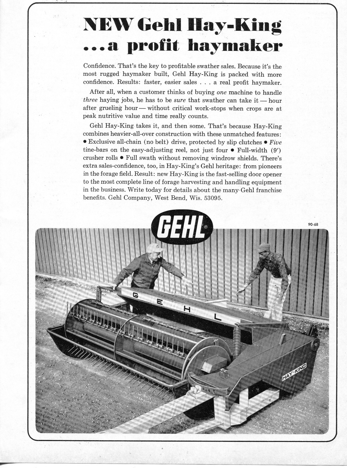 1968 Dealer Print Ad of Gehl Hay-King Tractor Combine a profit haymaker