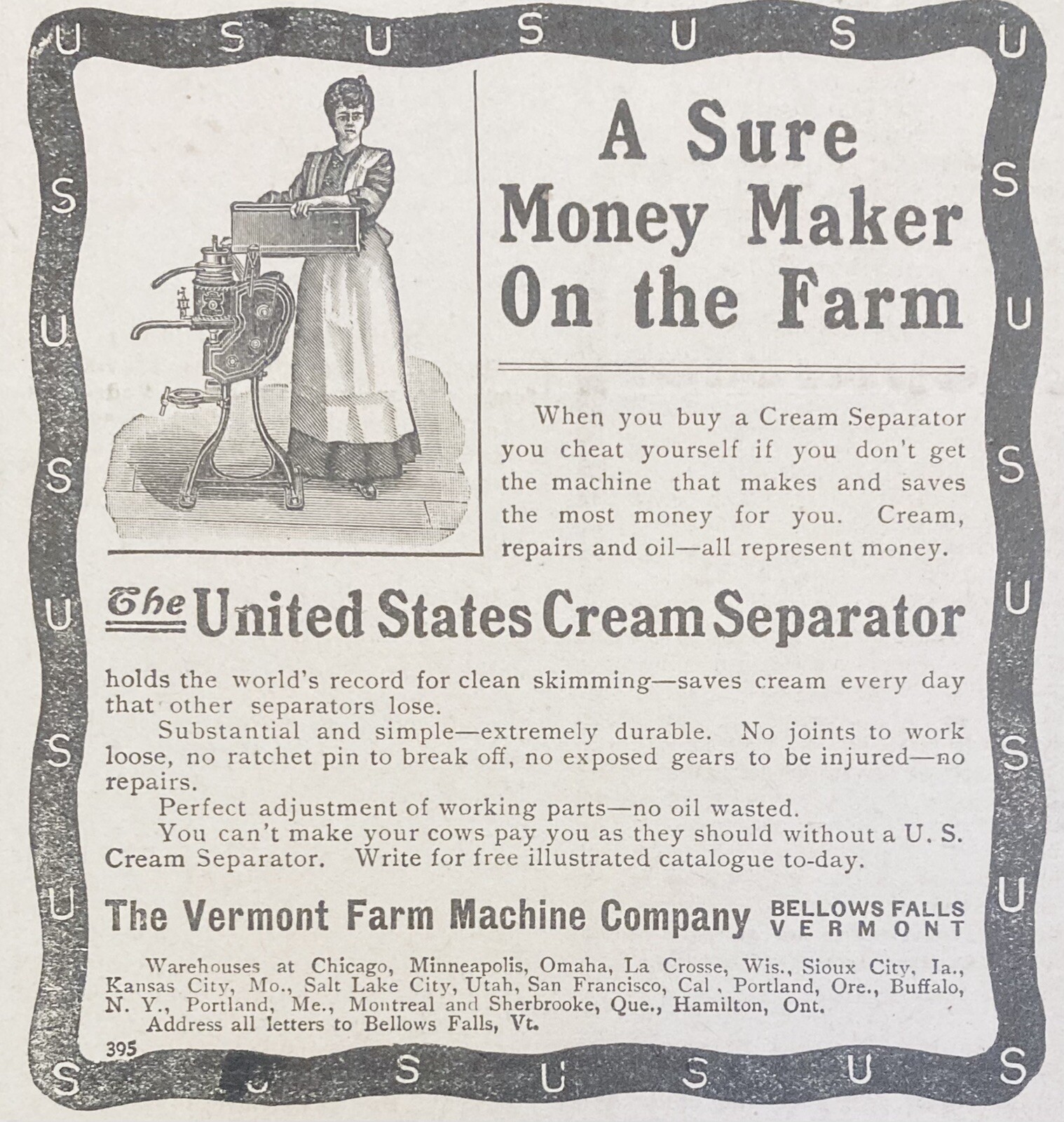 1905 AD.(XH28)~VERMONT FARM MACHINE CO. BELLOWS FALLS, VT. U.S. CREAM SEPARATOR~