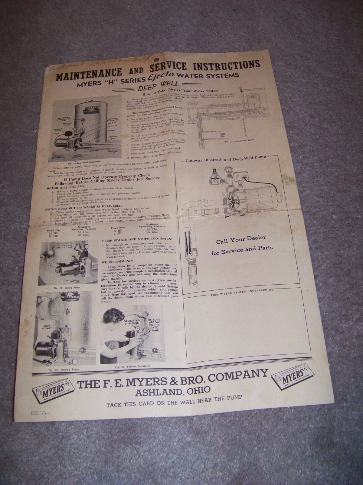 1946 Myers H Series EJECTO Water Systems MAINTENANCE and SERVICE INSTRUCTIONS
