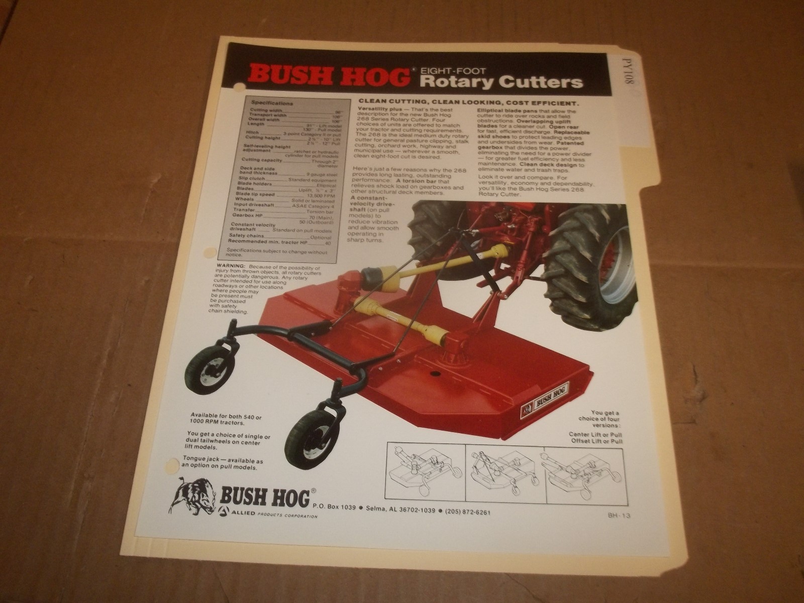 PY108) Bush Hog Sales Brochure 2 Pages – Eight Foot Rotary Cutters
