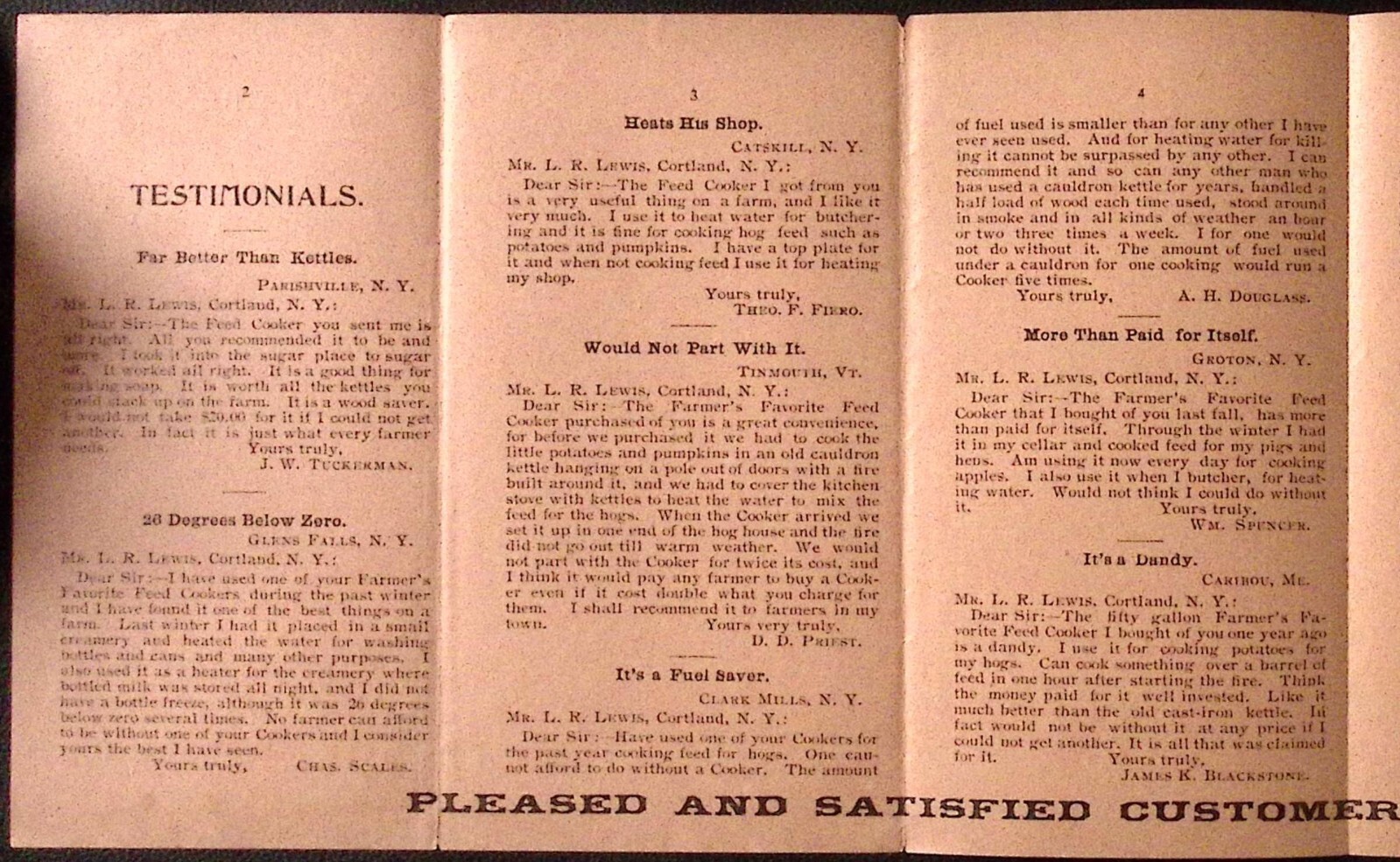 Farmers Favorite Feed Cooker Testimonial Brochure c1920s Cortland NY 3.25 x 6&Prime;
