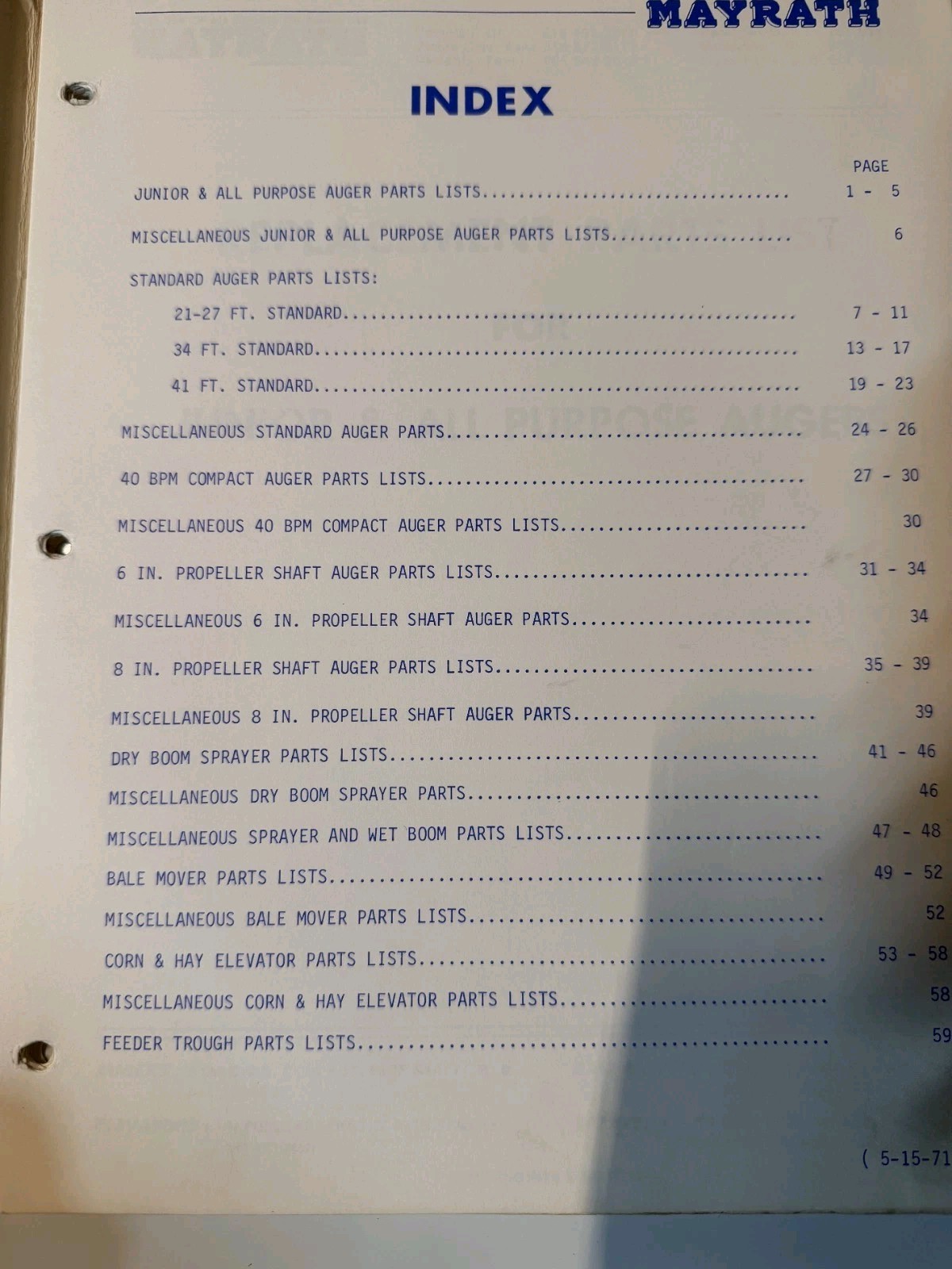 1971 Mayrath Industries Inc Replacement Parts List Folder DEALER SALES CATALOG
