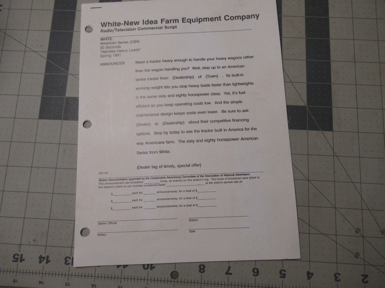 White New Idea Farm Equipment Radio/Television Script Spring 1991