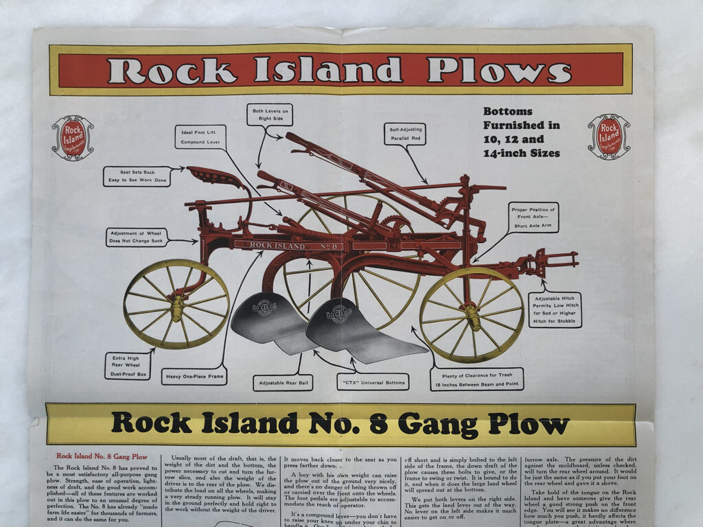 1928 ROCK ISLAND PLOWS Gang Sulky FARM ADVERTISING Antique Brochure POSTER