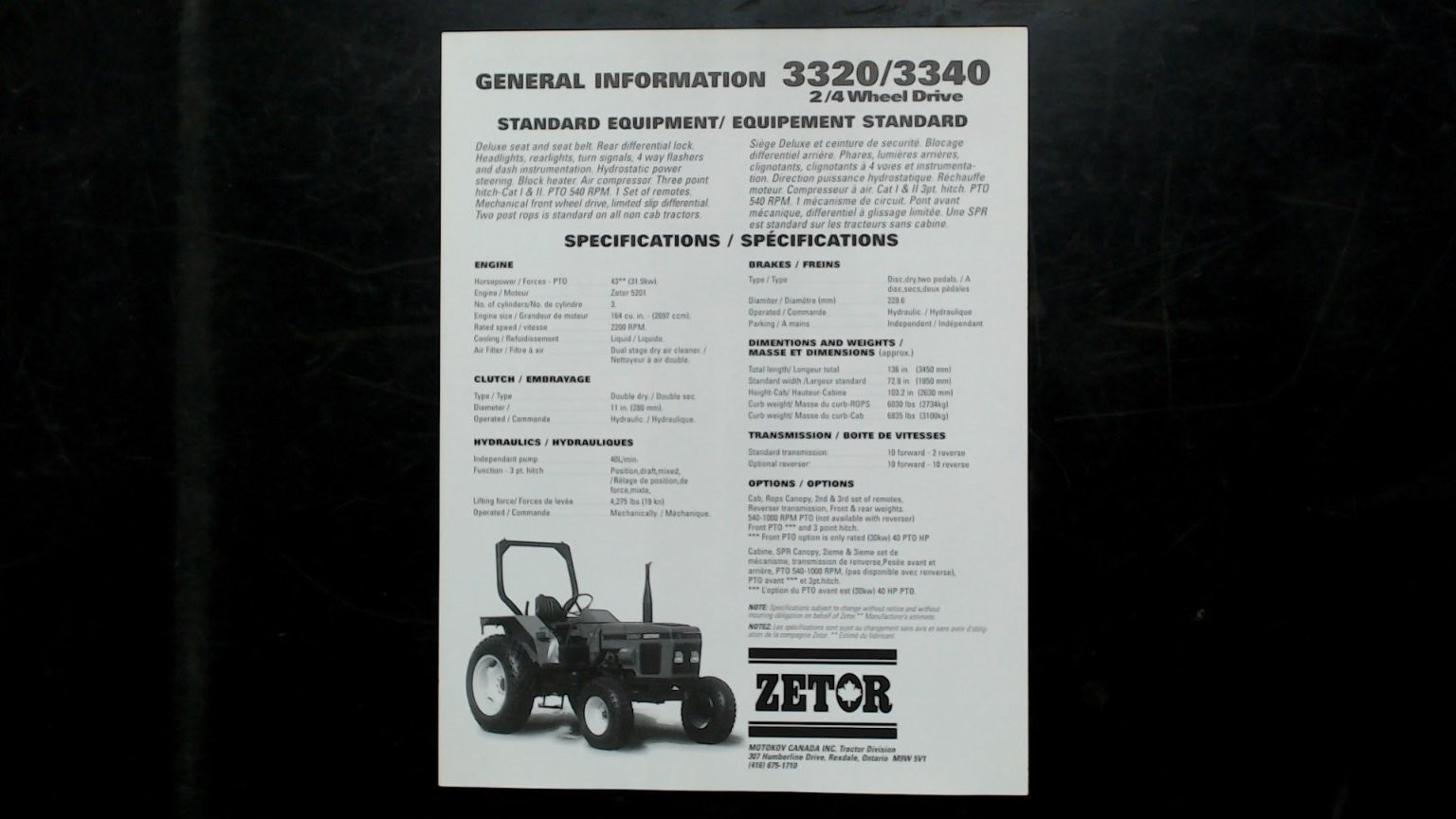 Zetor 3320/3340 Tractor Brochure 2/4 Wheel Drive Vintage Agriculture