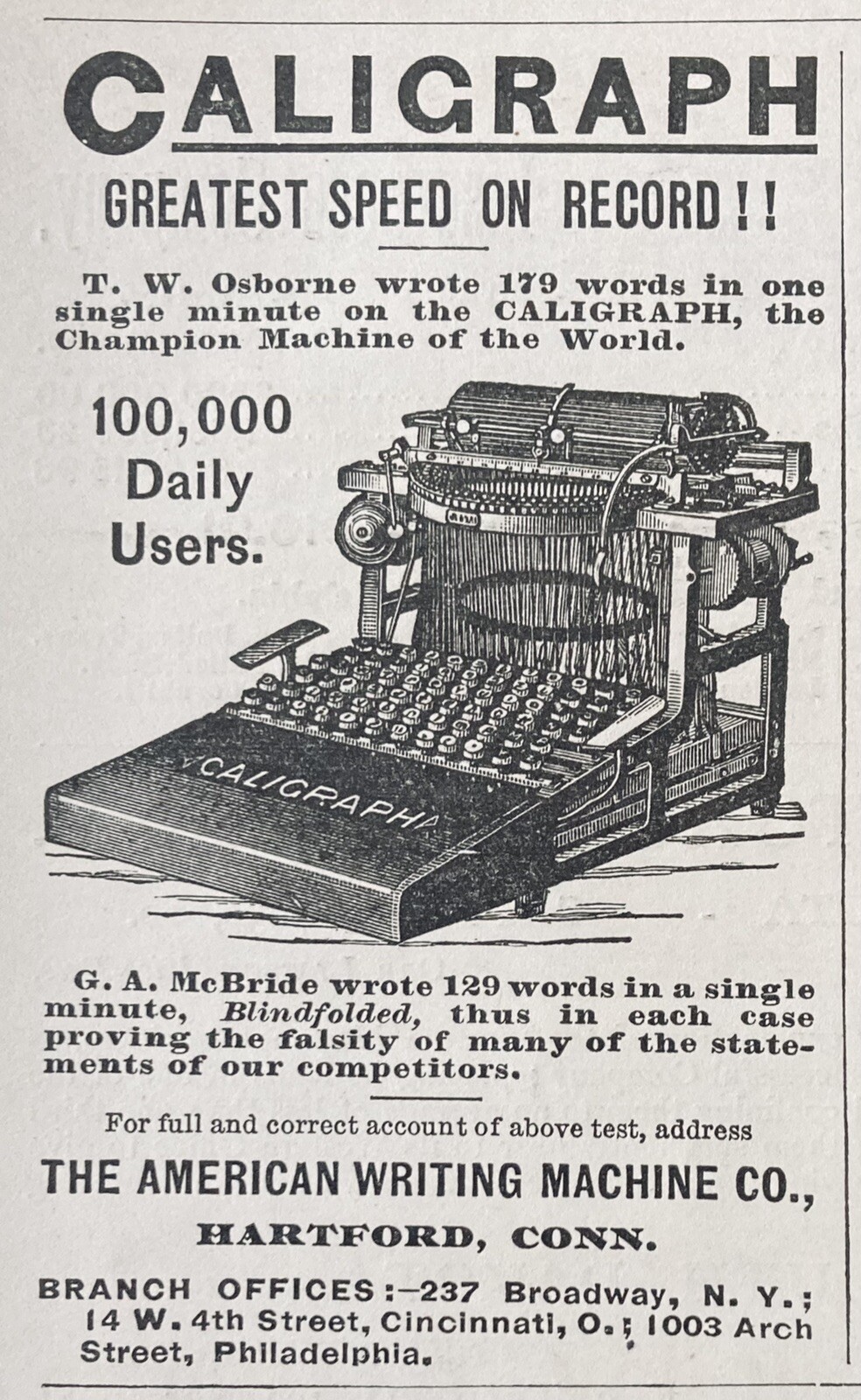 1889 AD.(XH6)~AMERICAN WRITING MACHINE CO. HARTFORD, CONN. CALIGRAPH TYPEWRITER