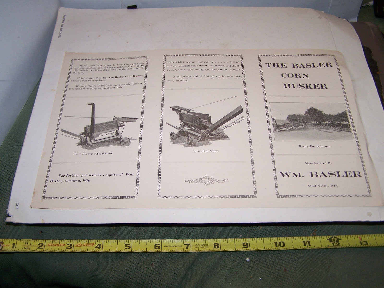 NOS WM BASLER CORN HUSKER Sales Brochure Pamphlet Allenton WI Hit Miss Engine