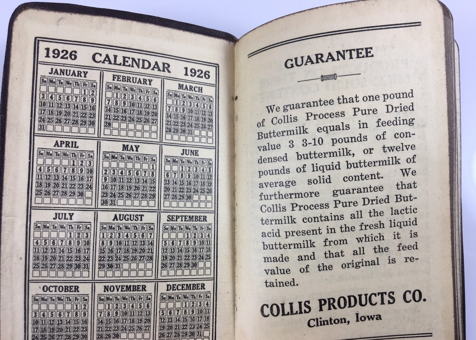 1926 Collis Products Clinton Iowa Advertising Dry Buttermilk Calendar Notebook
