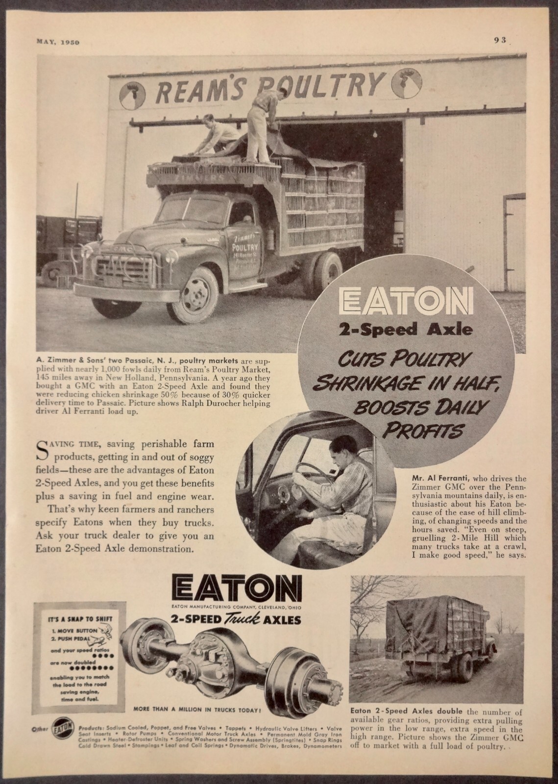 1950 Print Ad Eaton 2 speed truck axles Zimmer & Sons Poultry Passaic NJ