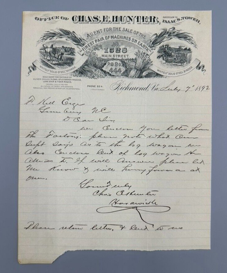 1892 WHITELY MOWER Binder FARM Advertising Chas Hunter Letter RICHMOND Virgina