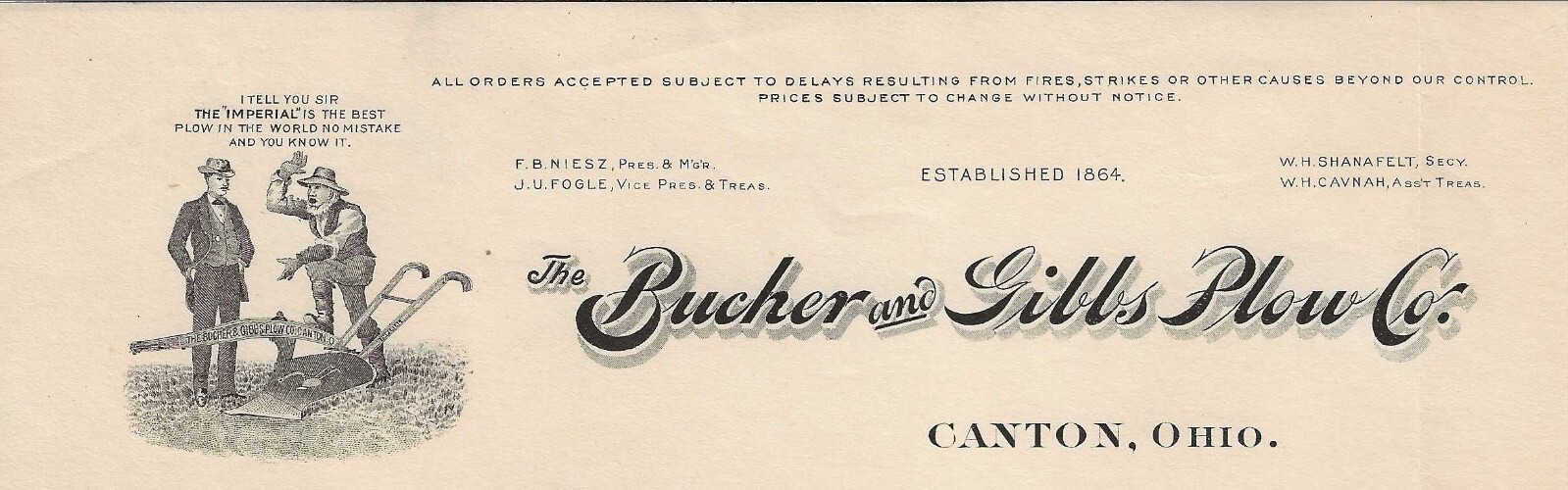 1908 Bucher & Gibbs Plow Company Canton Ohio Letterhead