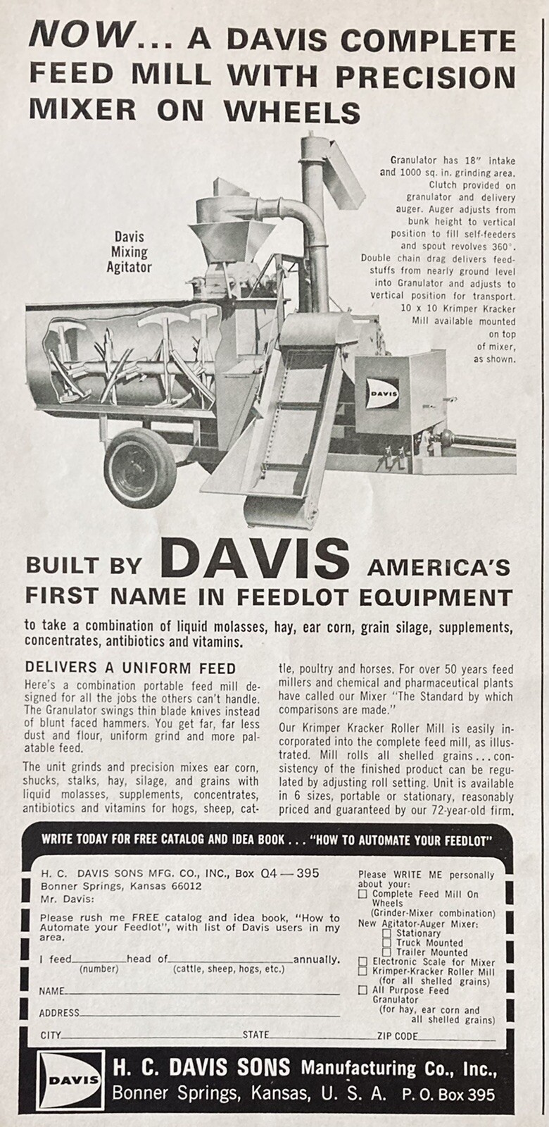 1966 AD.(XH35)~H.C. DAVIS SONS MFG. CO. BONNER SPRINGS, KS. DAVIS FEED MILL