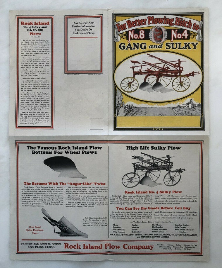 1928 ROCK ISLAND PLOWS Gang Sulky FARM ADVERTISING Antique Brochure POSTER