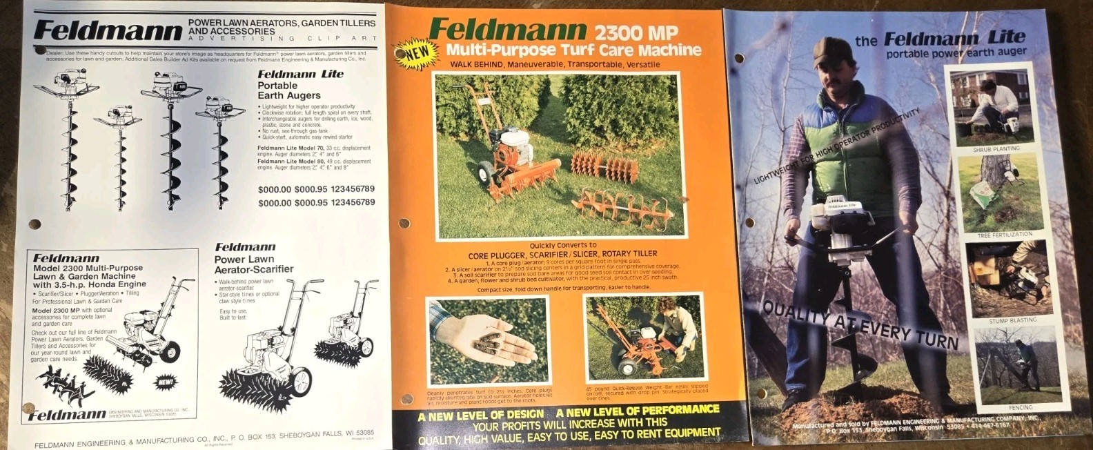 3 1987 Feldmann AUGERS TURF CARE MACHINE Sales BROCHURES ORIGINAL!