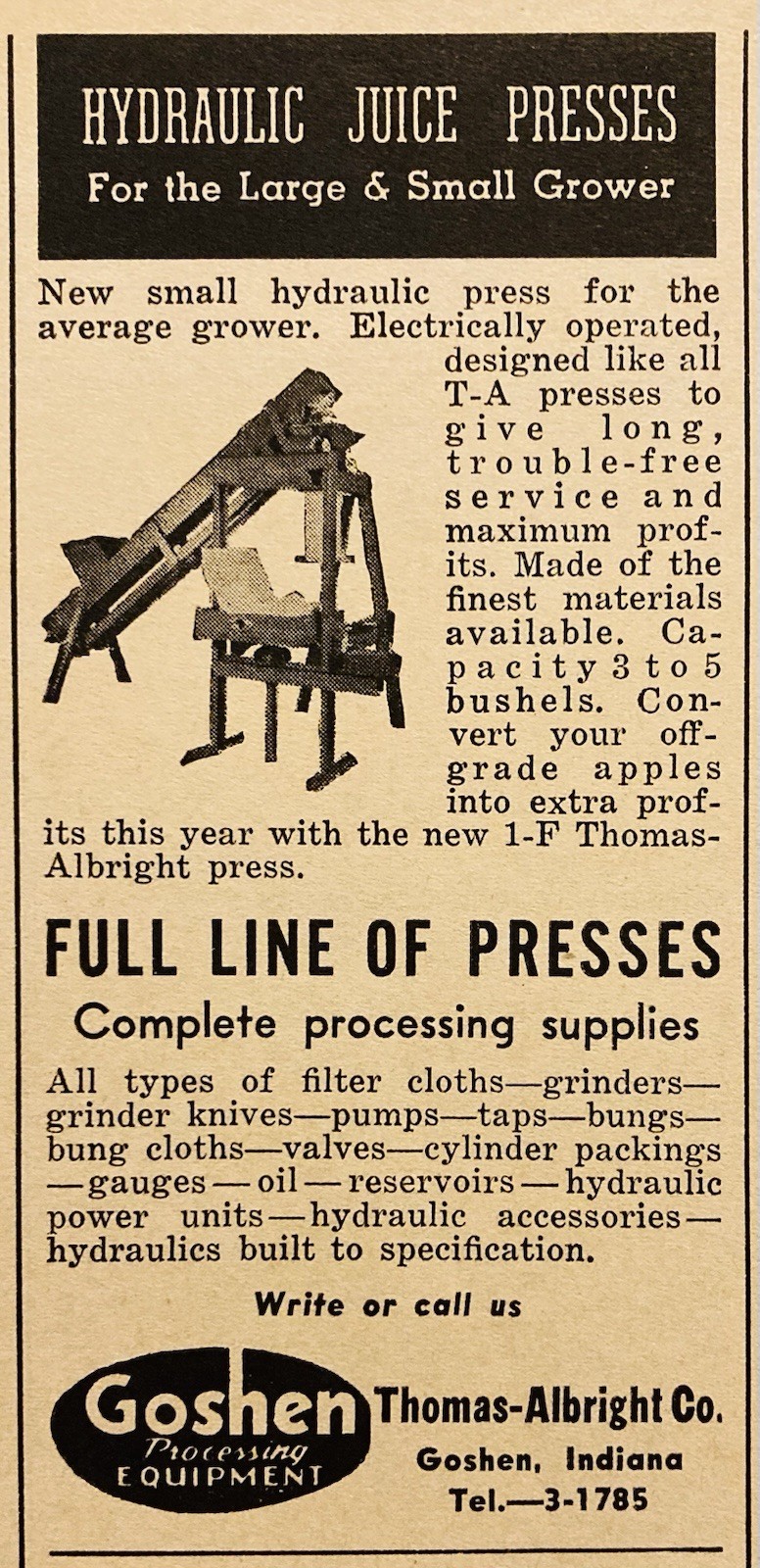 1959 AD.(PC10)~THOMAS-ALBRIGHT CO. GOSHEN, IND. GOSHEN HYDRAULIC JUICE PRESSES