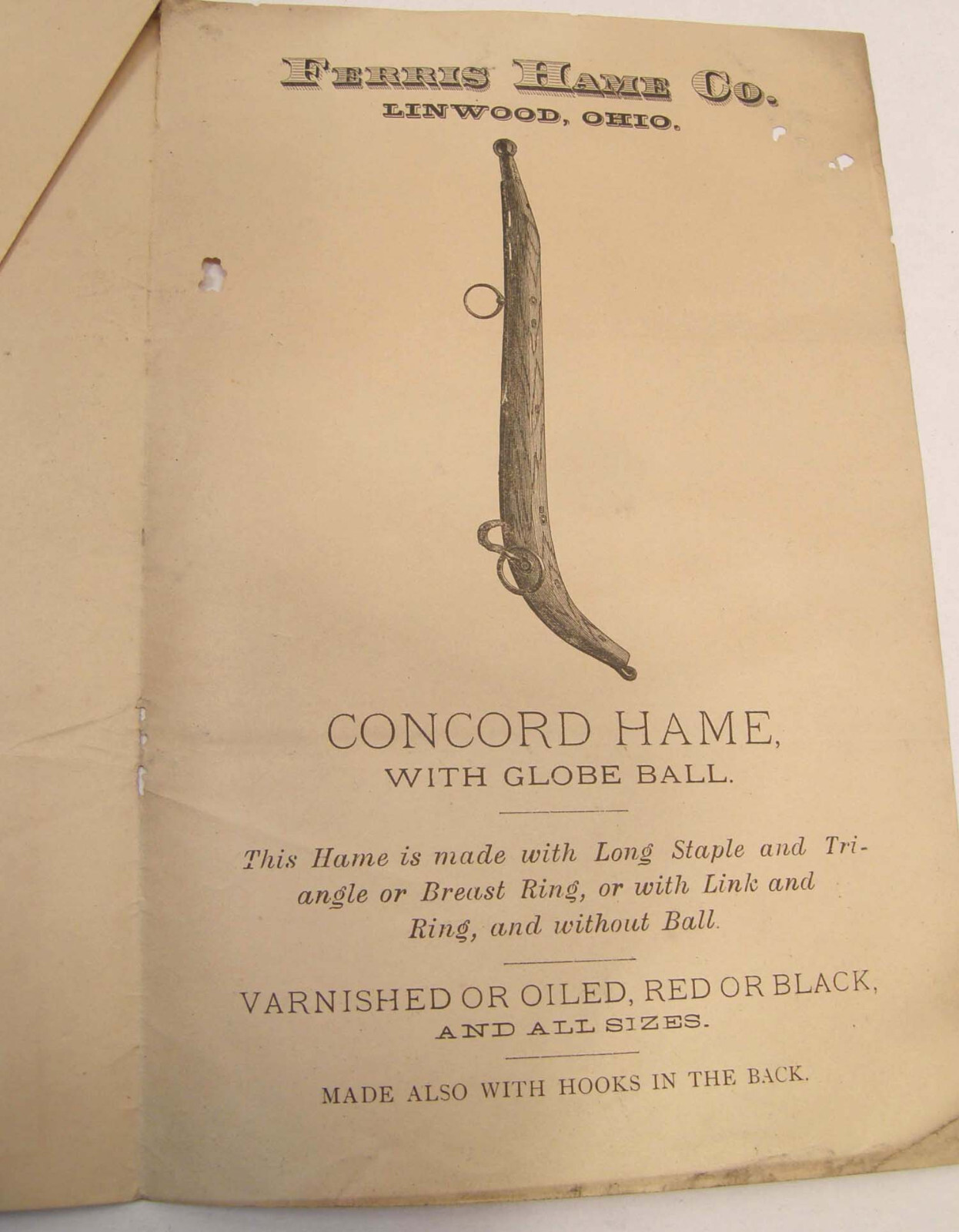 ANTIQUE c1870 BROCHURE FERRIS HAME CO LINWOOD OHIO HAMILTON COUNTY HORSE COLLAR