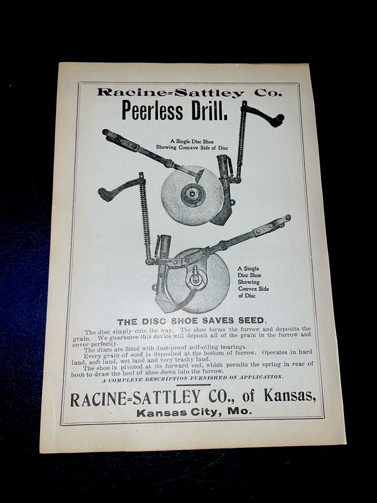 ORIGINAL 1907 Racine – Stattley Peerless Drill Farm Implement Advertising