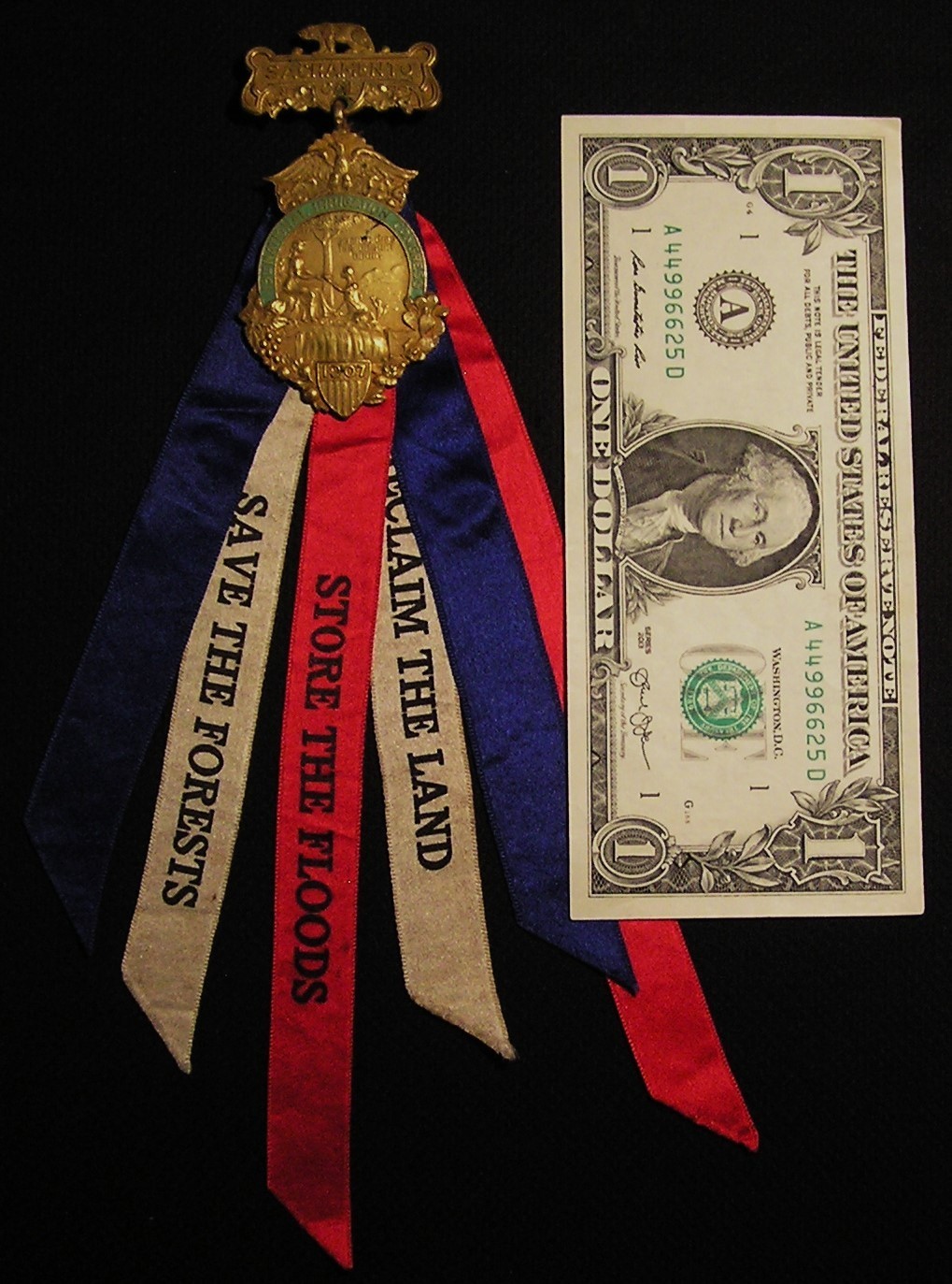 RARE 1907 NATIONAL IRRIGATION CONGRESS MEDAL BADGE W/ RIBBONS – SACRAMENTO CA