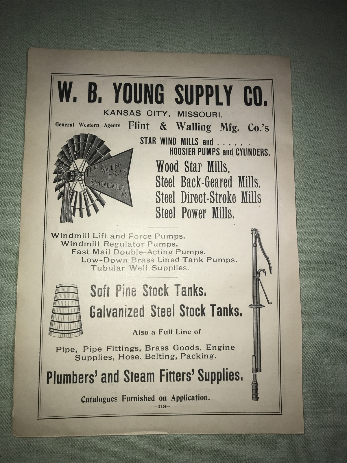 1898 Flint Walling Windmill Farm Advertising – Kendallville Indiana Kansas City