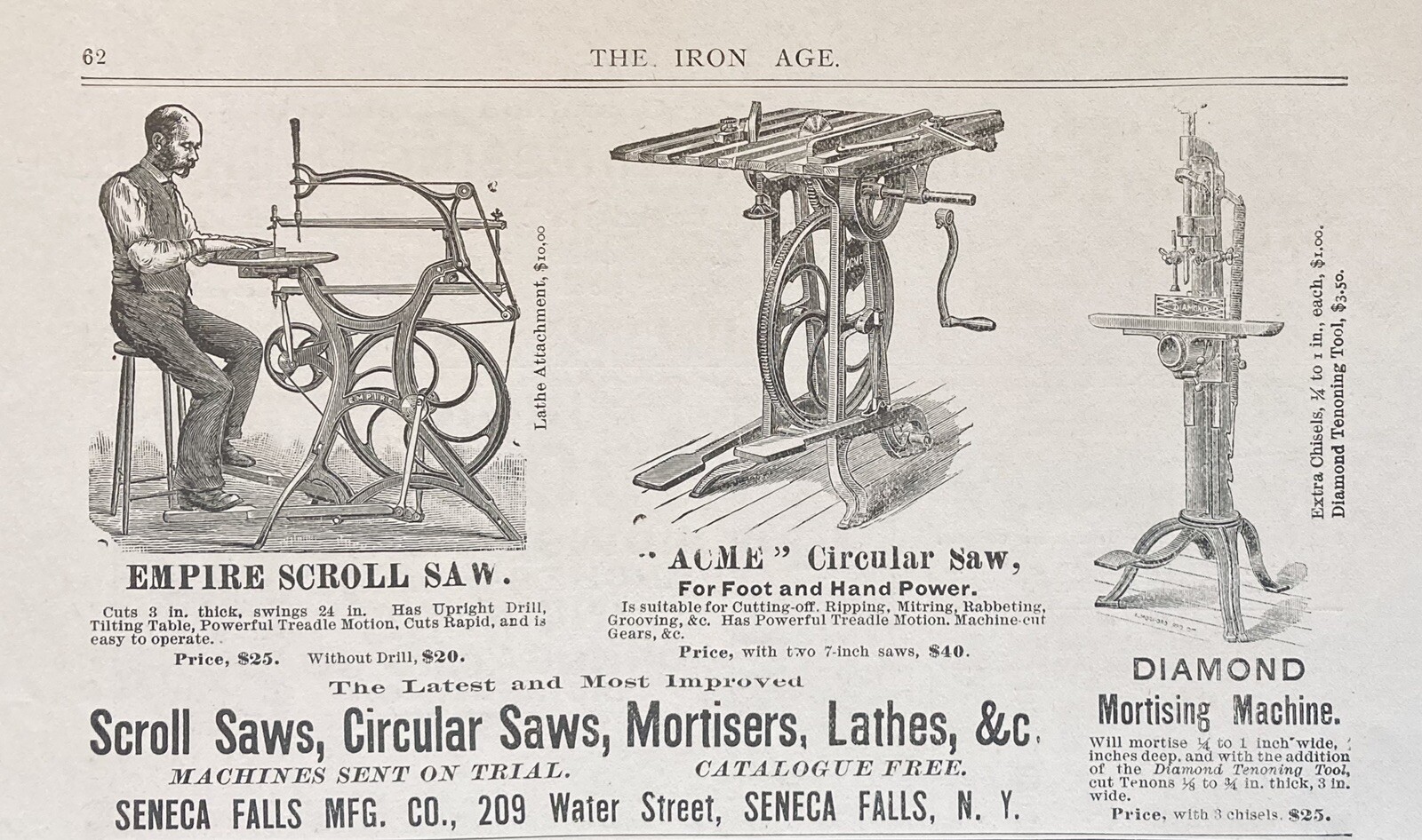 1888 AD.(XH7)~SENECA FALLS MFG. CO. NY. SCROLL SAWS, CIRCULAR SAWS AND LATHES