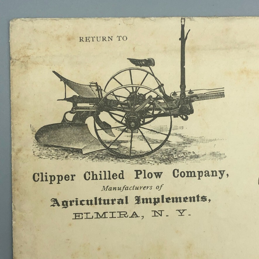 1891 CLIPPER CHILLED PLOW – ELMIRA NY Illustrated Postal Cover Farm Advertising