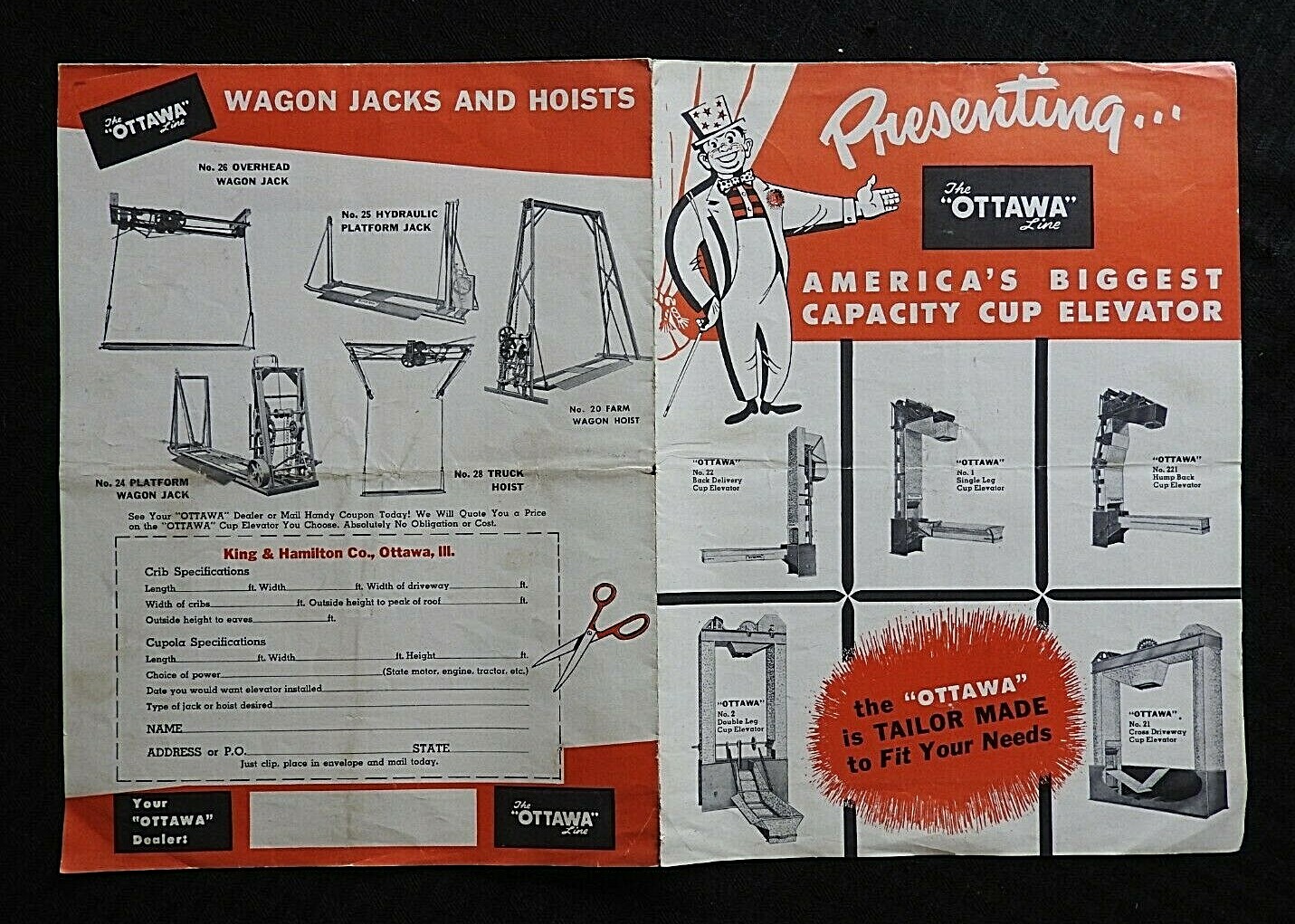 1950&rsquo;s « OTTAWA BIGGEST CAPACITY GRAIN CUP ELEVATOR » FOLD-OUT POSTER BROCHURE IL