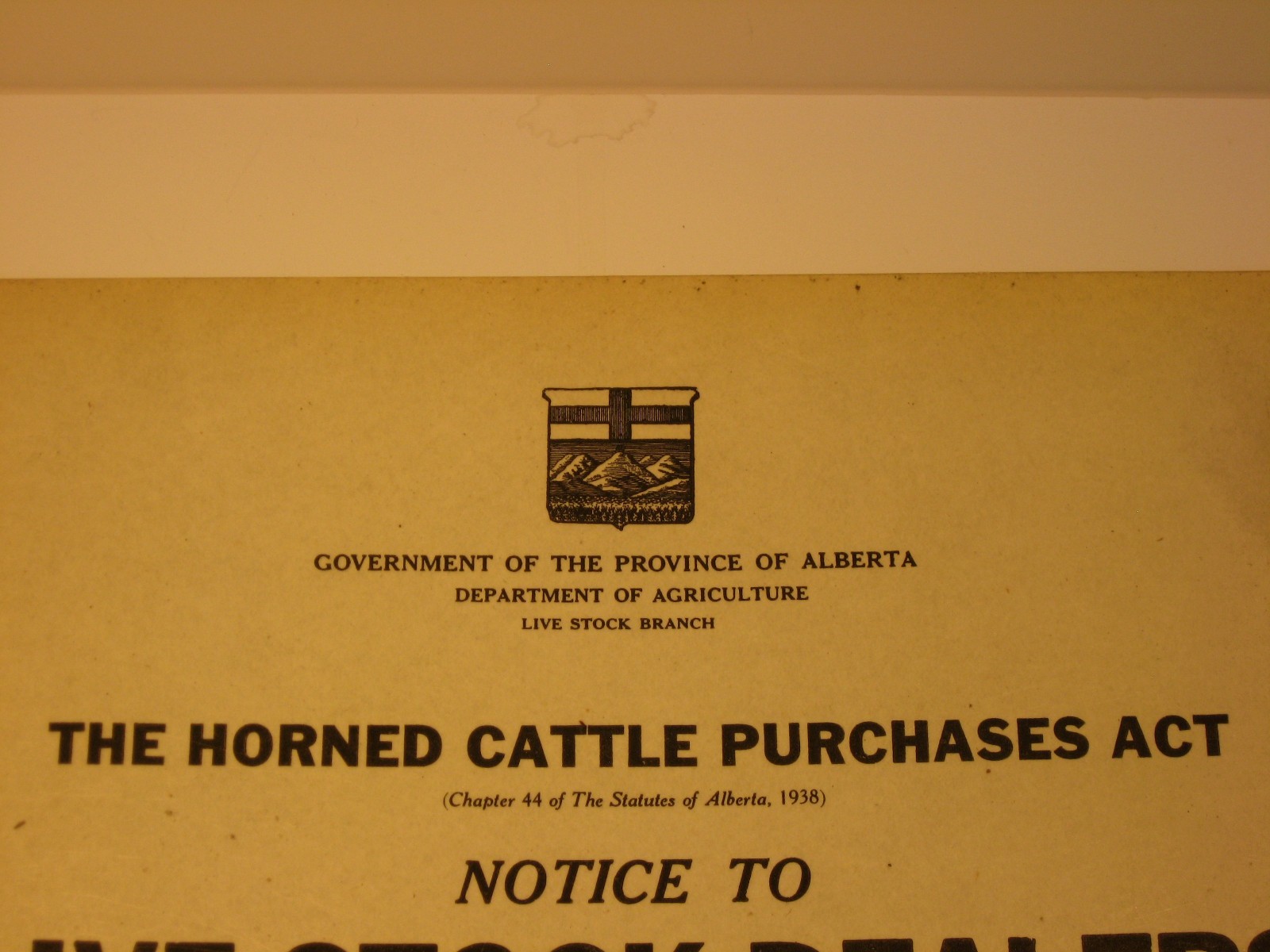 Horned Cattle Purchases Act 1938 Cardboard Sign Alberta Live Stock