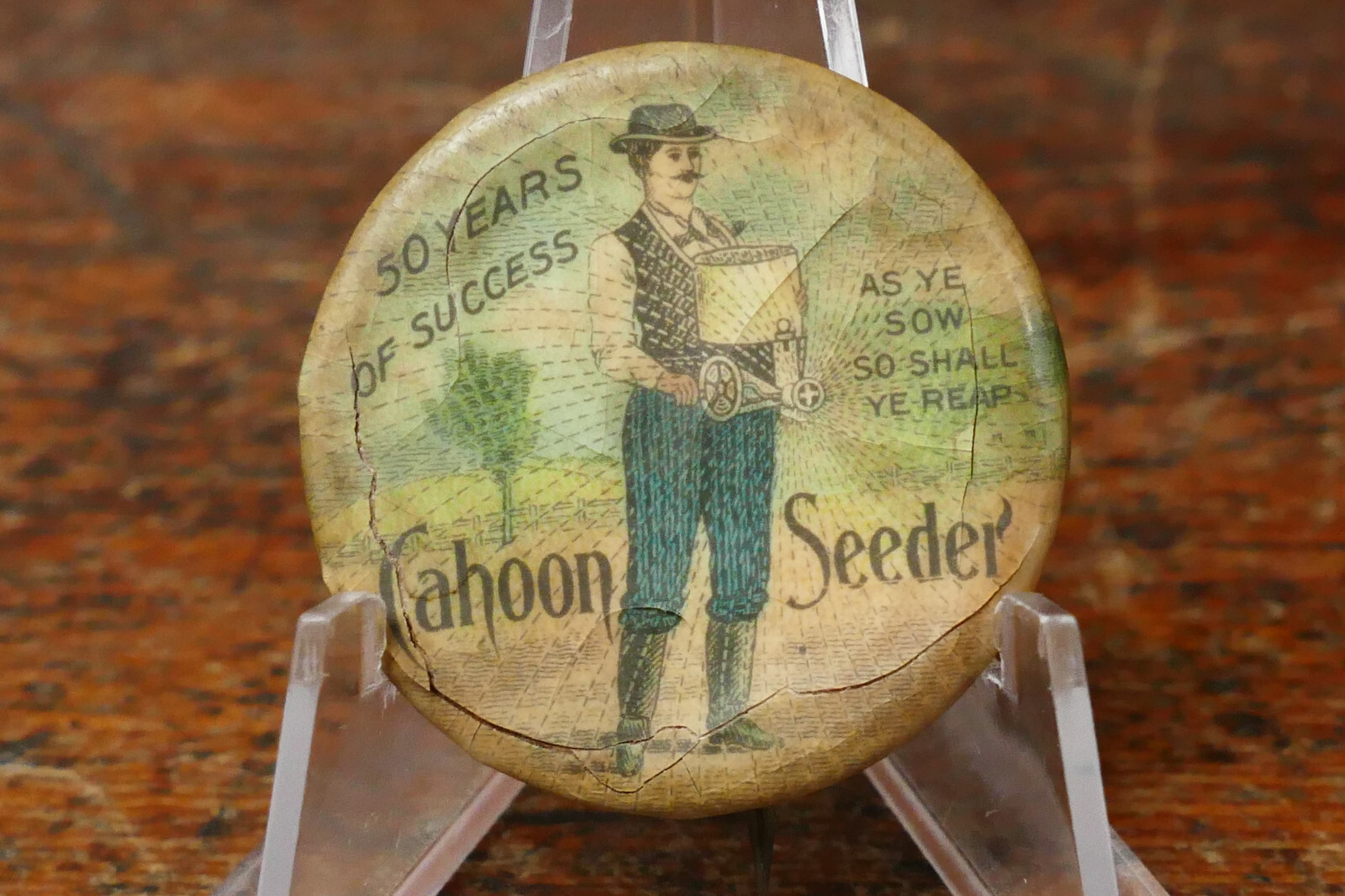 RARE Early 1900s Antique Cahoon Seeder Farm Implement Celluloid Pin Button 1.25”