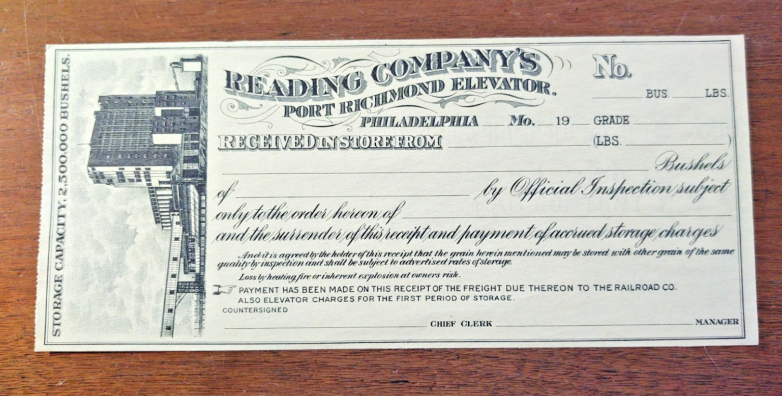 Antique Reading Company Grain Elevator / Port Richmond Receipt / Document