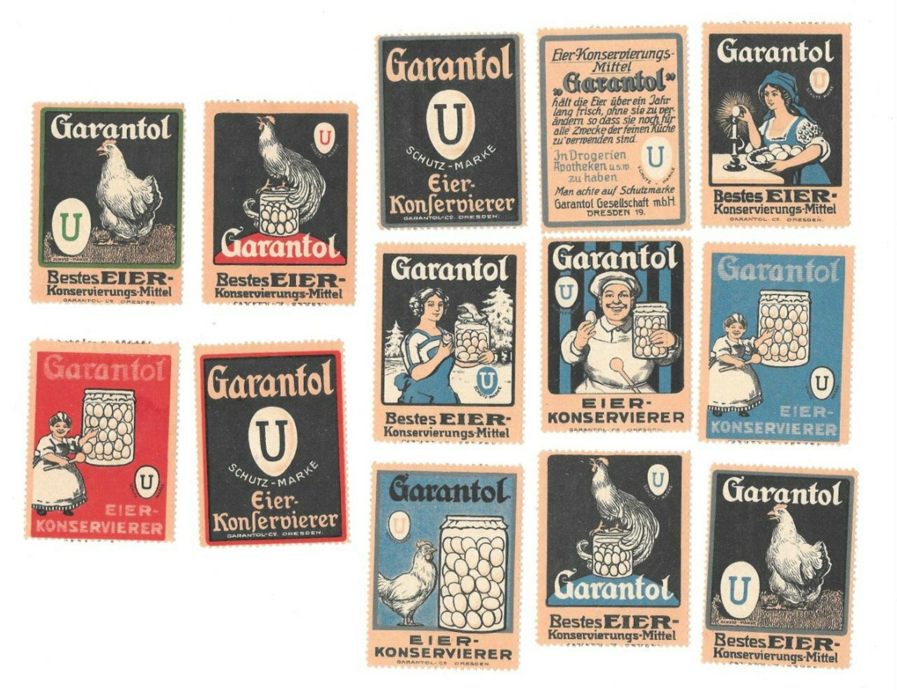 Vintage Poster Stamp Label set of 13 GARANTOL EGG PRESERVER Eier Knoservierer