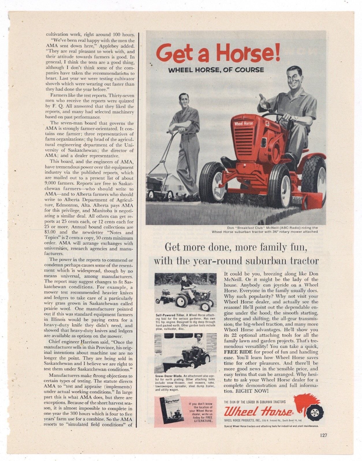 1963 Wheel Horse Products Inc. Ad: Suburban Lawn Tractor – Don McNeill Endorse.