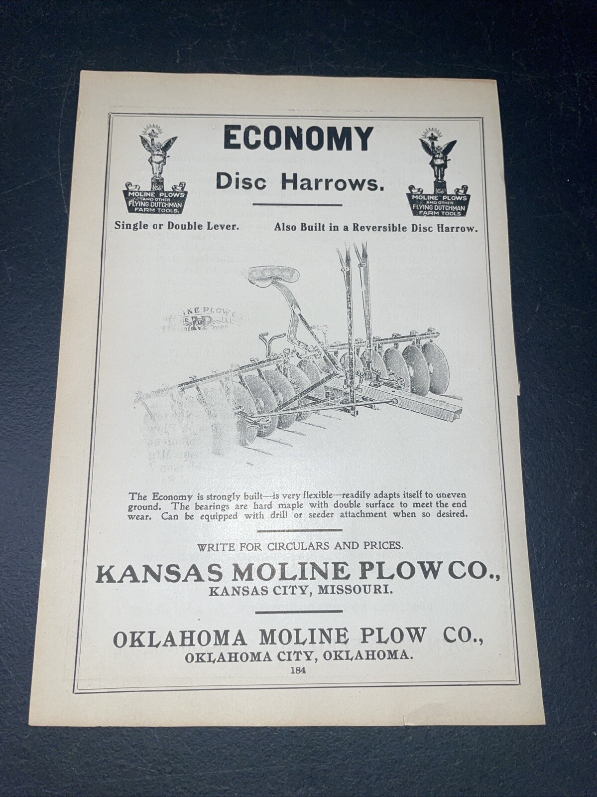 ORIGINAL 1907 Kansas Moline Plow ECONOMY Disc Harrows Farm Implement Advertising