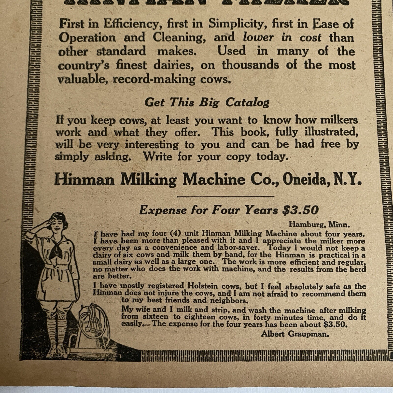 1920 Hinman Milker Print Ad Hinman Milking Machines Oneida New York NY