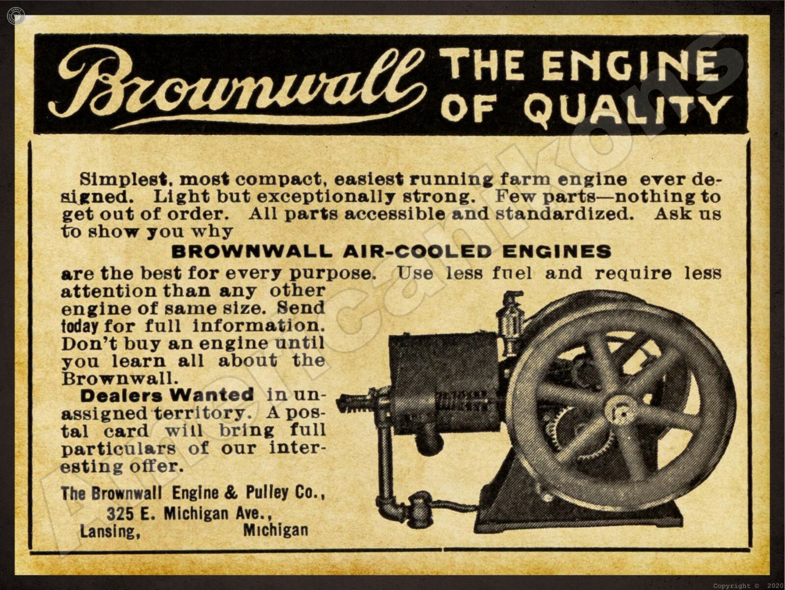 1912 Brownwall Gas Engines Lansing NEW Metal Sign 24&Prime;x30&Prime; USA STEEL XL Size 7 lb