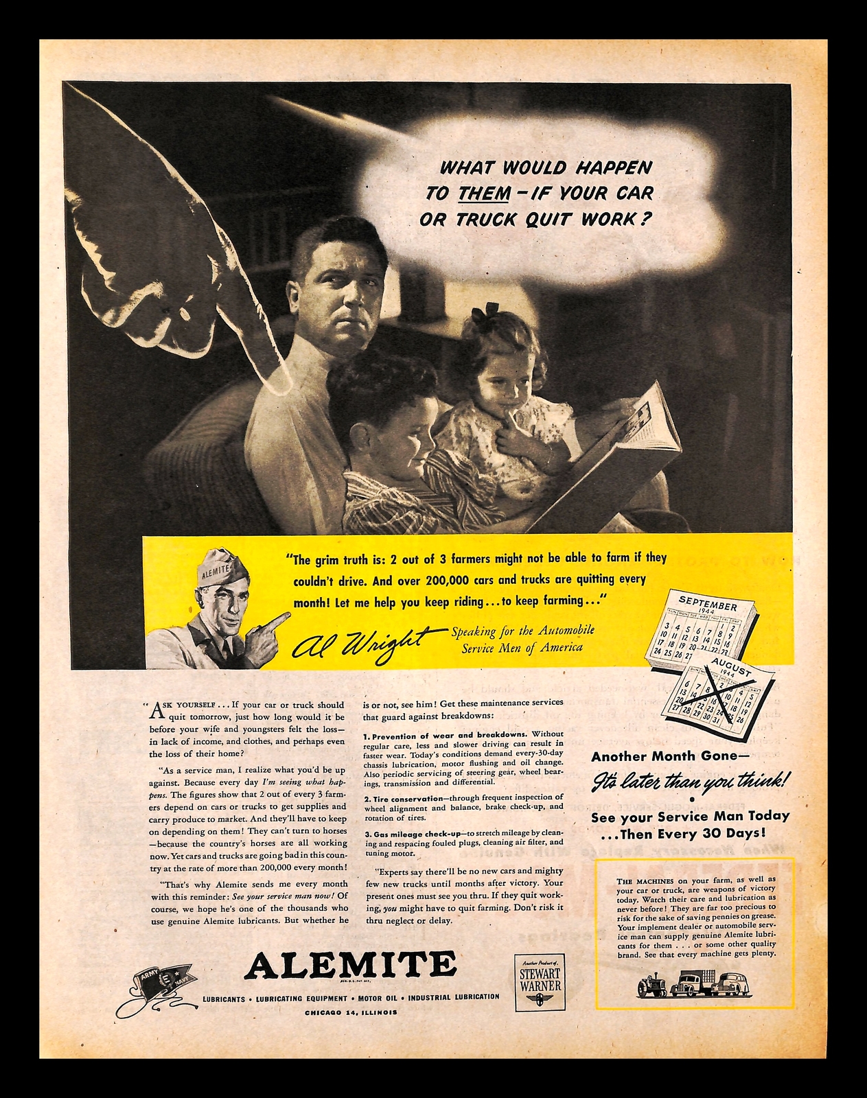 1944 Alemite Lubricants Vintage PRINT AD Family Farmer Automobile War 1940s