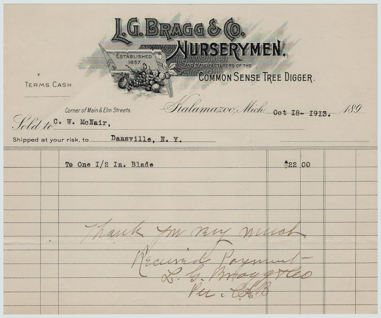 RARE -1913 Letterhead Billhead LOT of 3 – Bragg Nursery – Kalamazoo MI