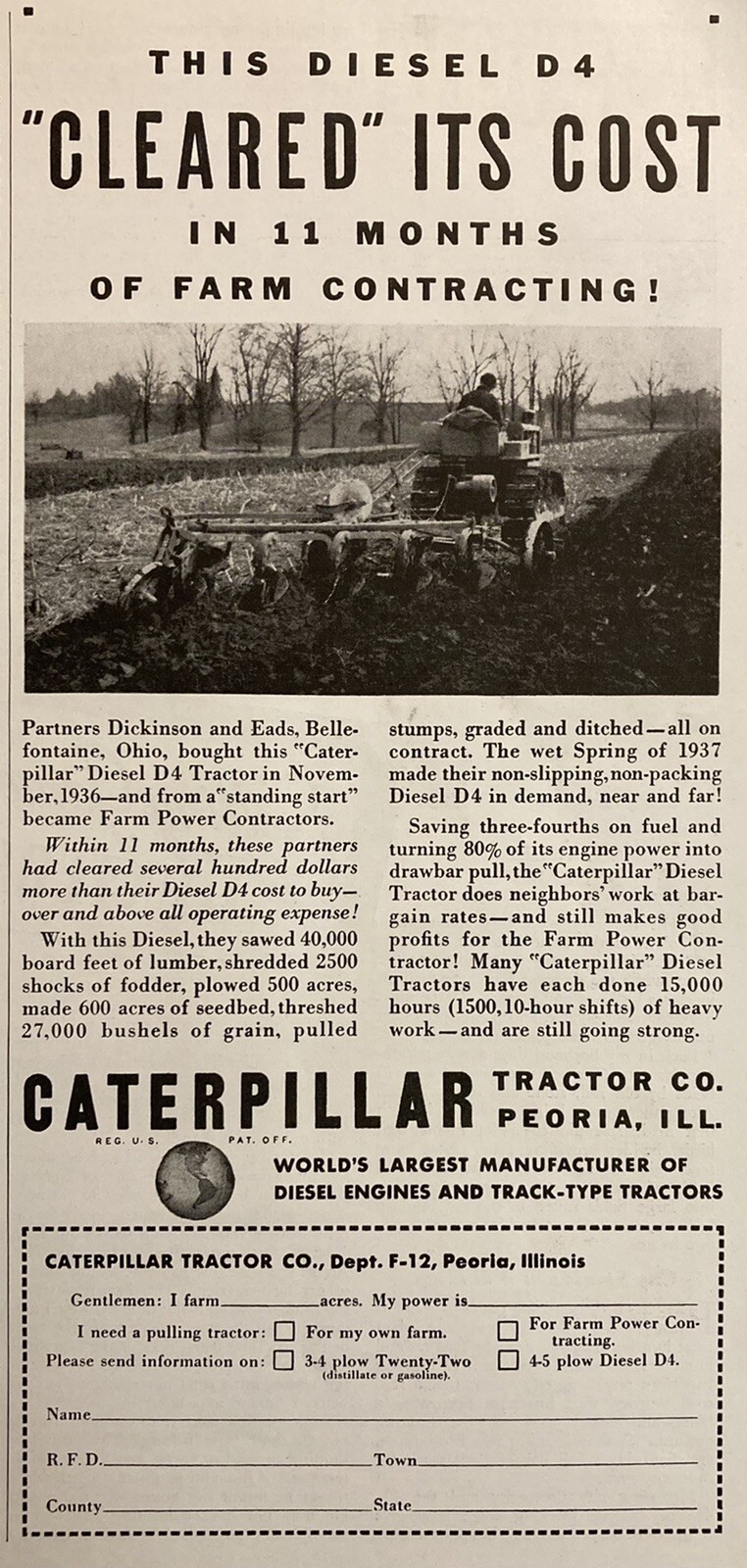 1937 AD.(XH61)~CATERPILLAR TRACTOR CO. PEORIA, ILL. CAT DIESEL D4 TRACTOR