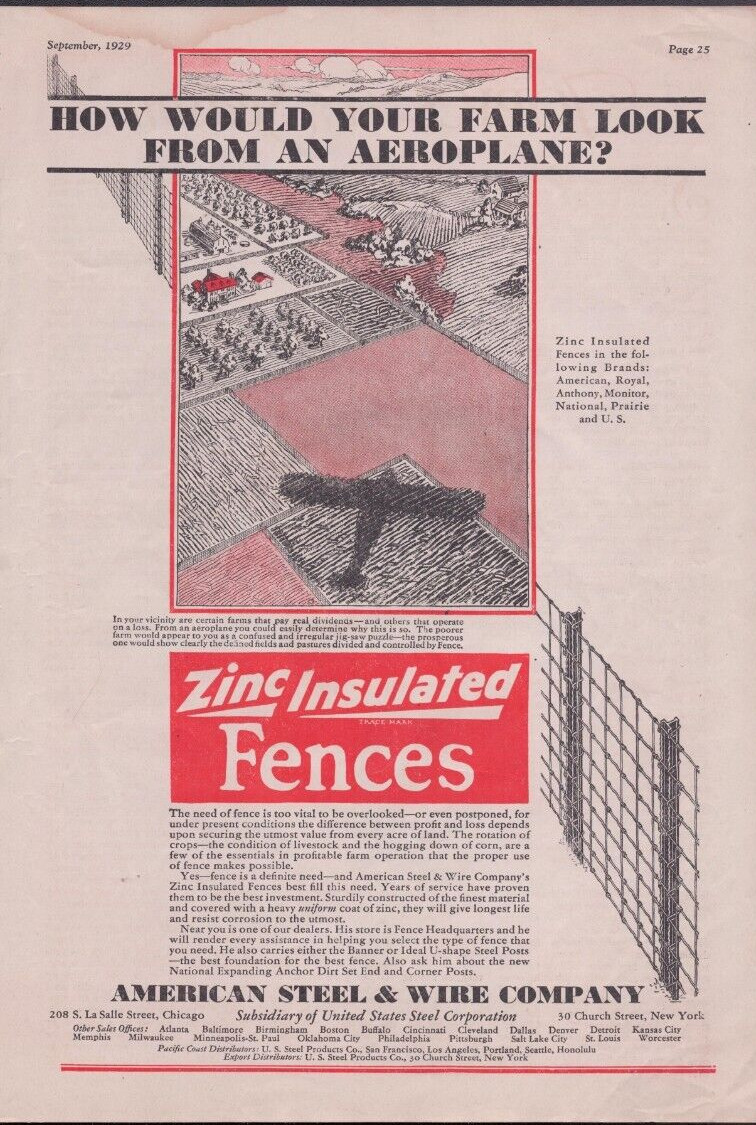1929 Print Ad American Steel & Wire Company Zinc Insulated Fences Farm Aeroplane