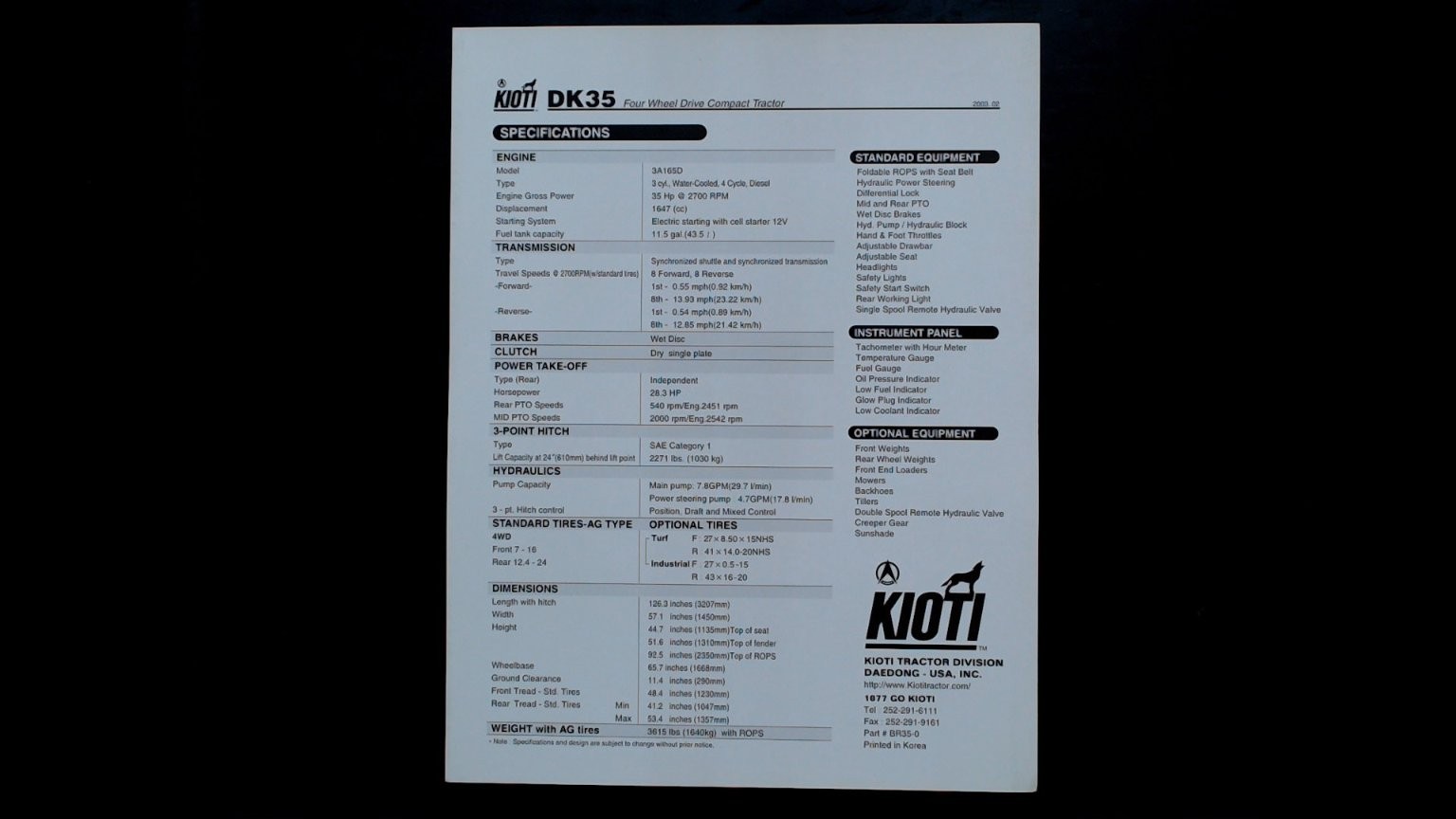Kioti DK35 35HP Tractor Brochure 2001 Four Wheel Drive Compact