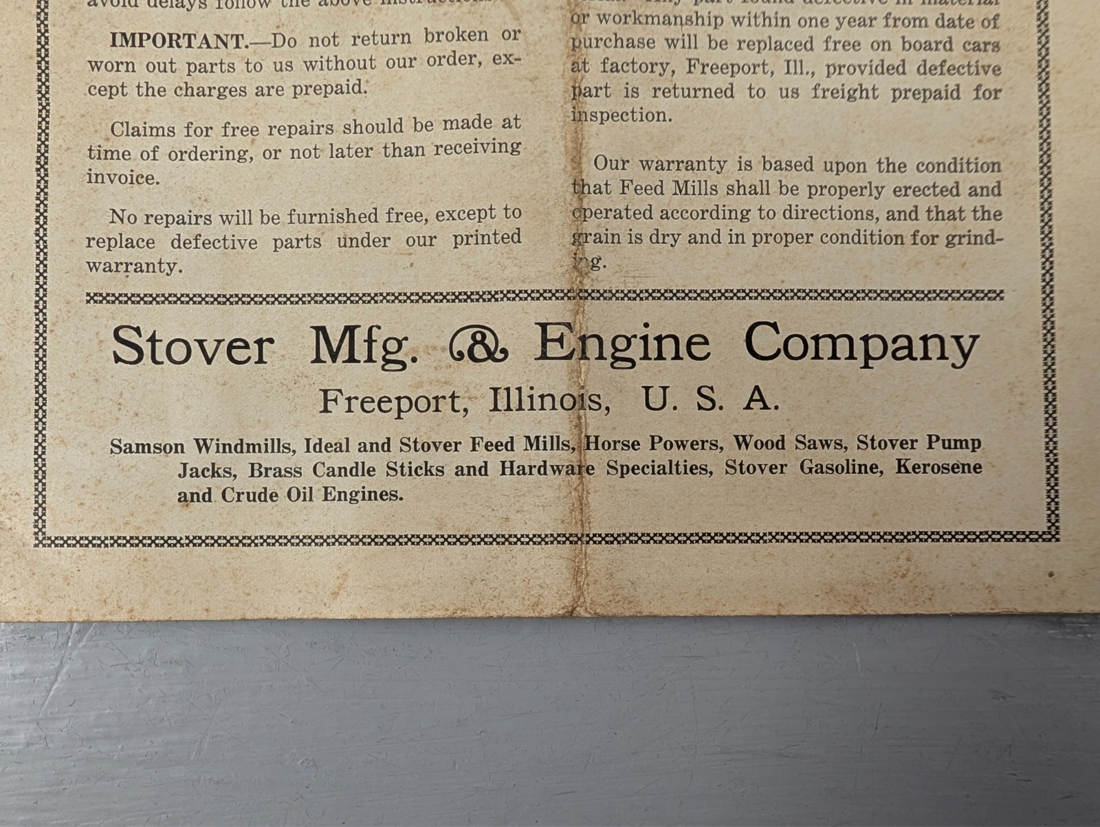 Rare Stover Mfg. & Engine Co. Feed Mill Repair Price List 1920 Antique Farm