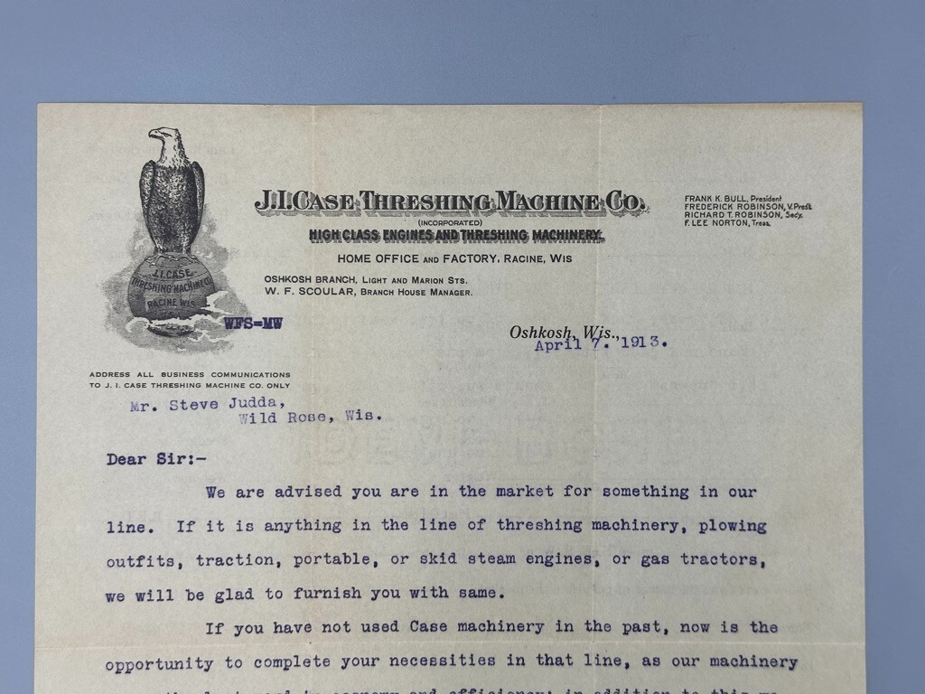 1913 JI CASE THRESHING Machine OSHKOSH WI Postal Cover Letter FARM ADVERTISING