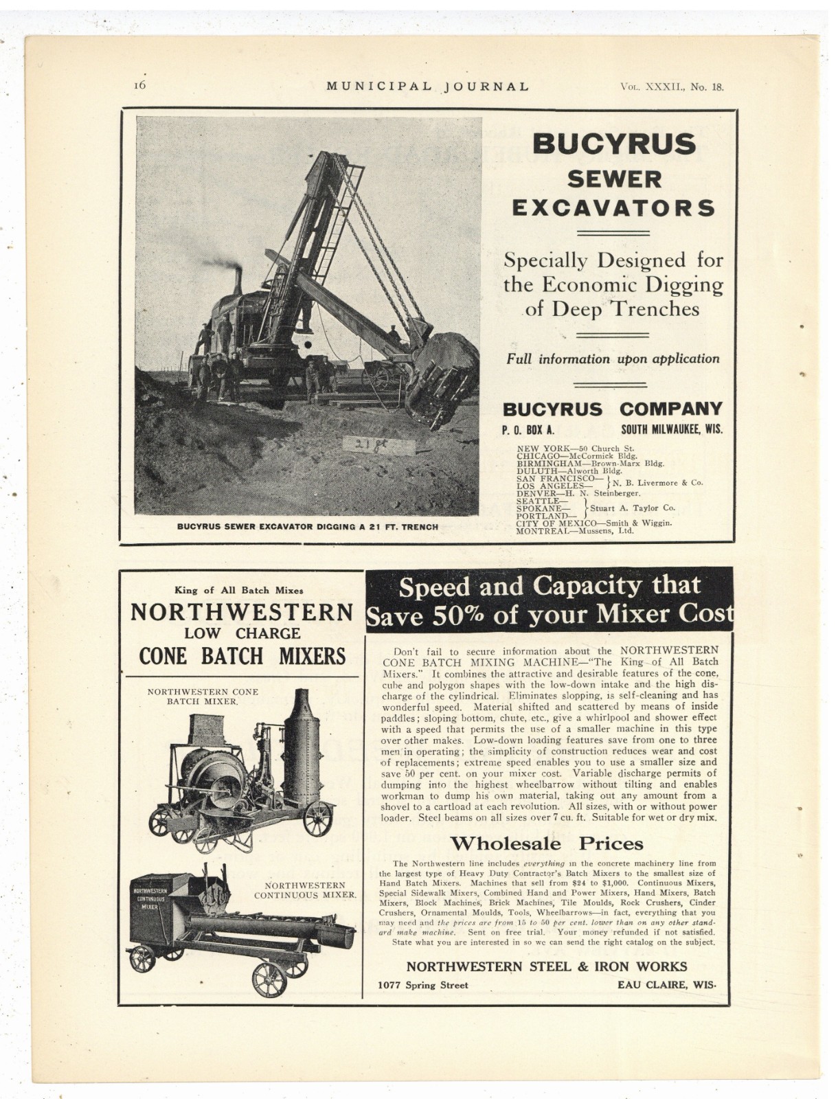 1912 Ads F&B of PG: Huber Steam Road Roller, Marion, OhiO & Bucyrus Excavator