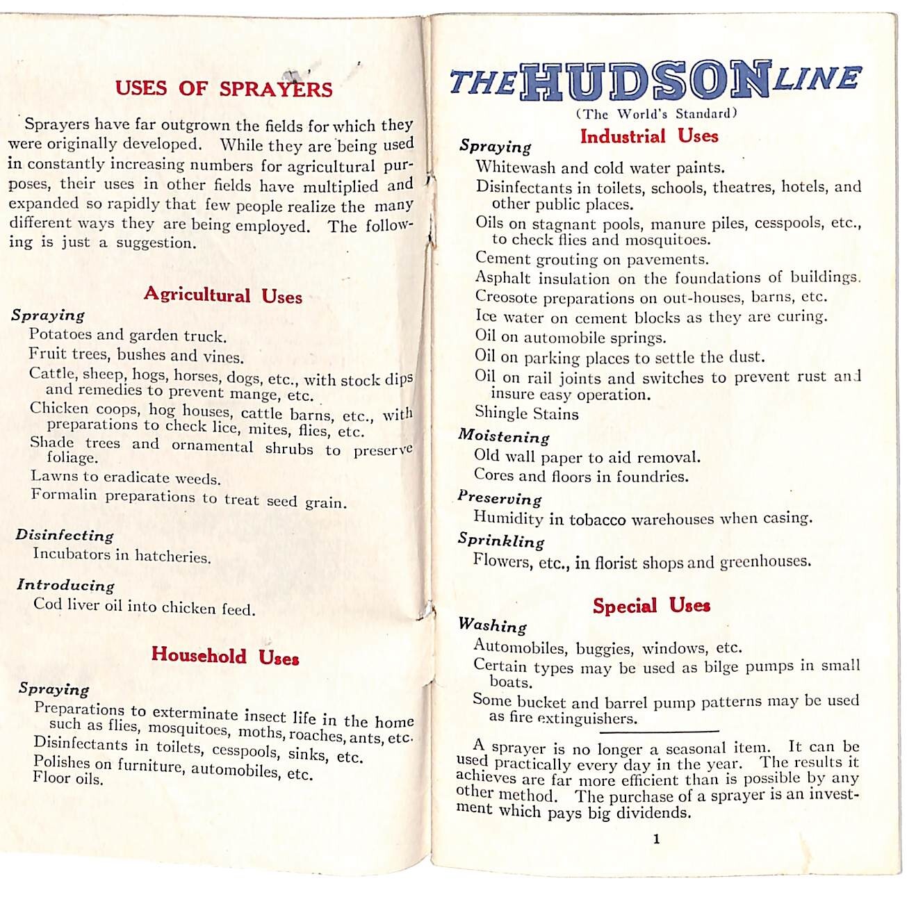 Hudson Sprayers Catalog Booklet 1926 44pp Illustrations Prices Part Nos. Scarce