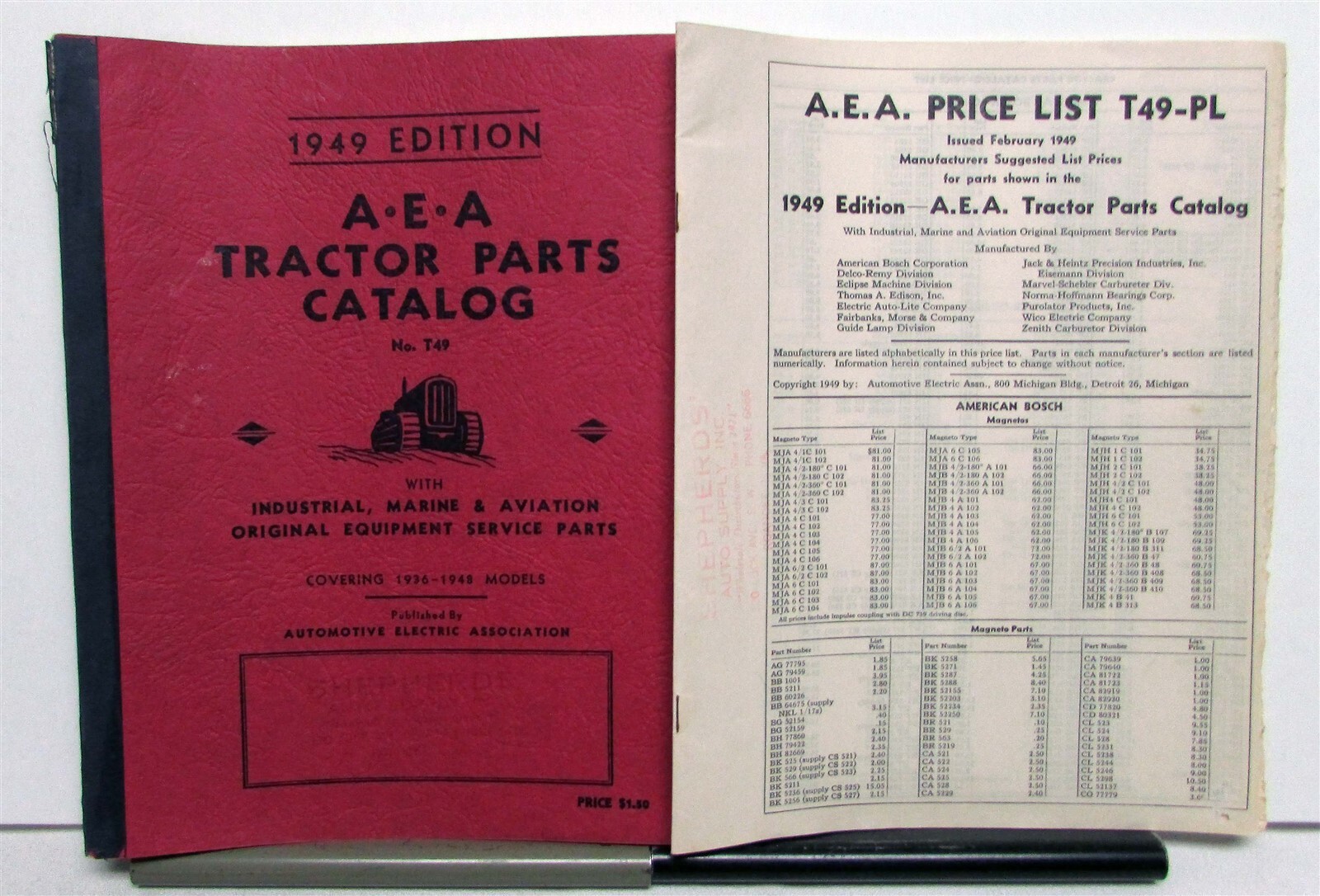 1949 A.E.A. Tractor &rsquo;36-&rsquo;48 Models Specs Construction Parts Catalog & Price List