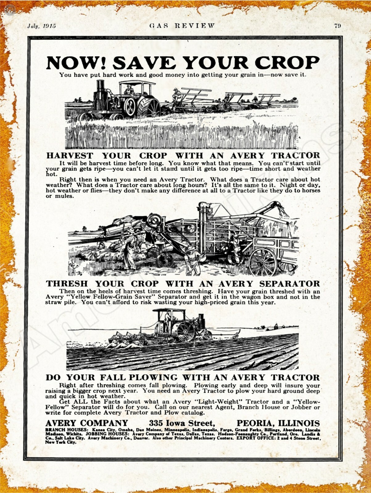 1915 Avery Co. Tractors & Separators New Metal Sign: Peoria, Illinois