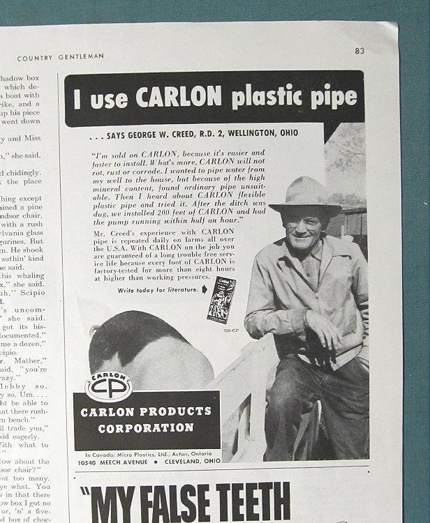 1952 Magazine Carlon Pipe Ad Photo Endorsement George Creed of Wellington, Ohio