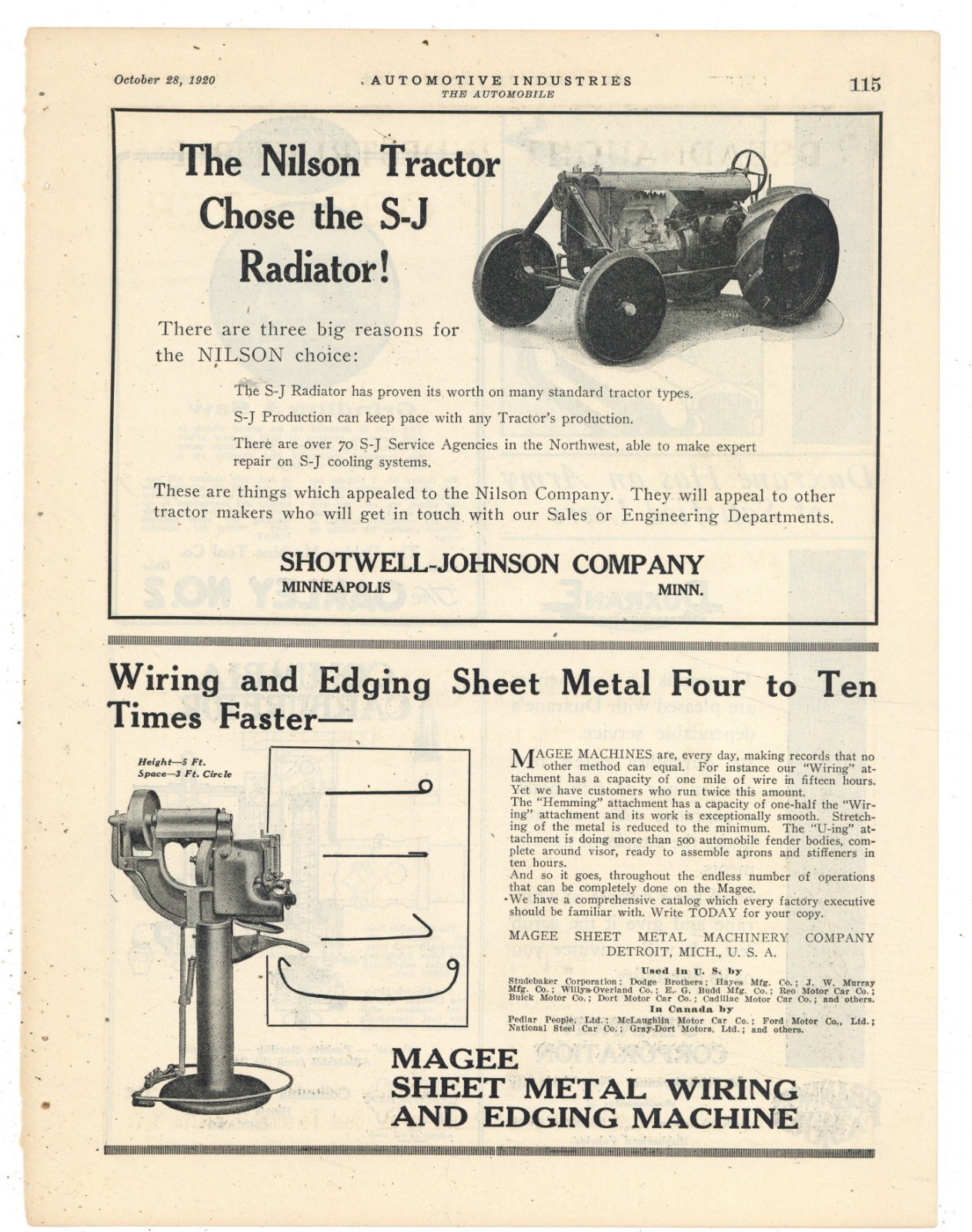 1920 Shotwell Johnson of Minneapolis Ad: NILSON Tractor Pictured w. SJ Radiator