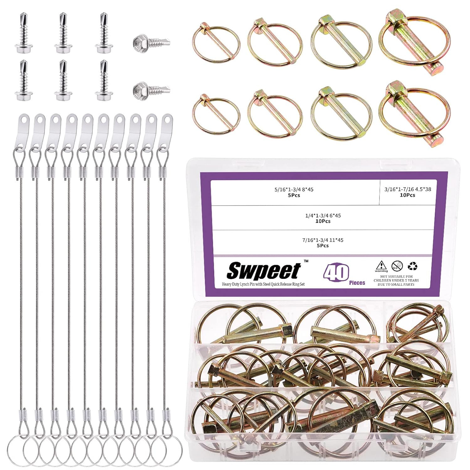 50Pcs 4 Sizes Spring-Loaded Lynch Pin Linch Pin and Stainless Steel Lanyard Cabl