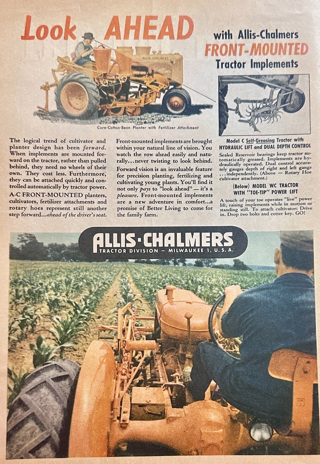 1946 Allis-Chalmer Model WC with Front Mounted Implements Ad #N1091