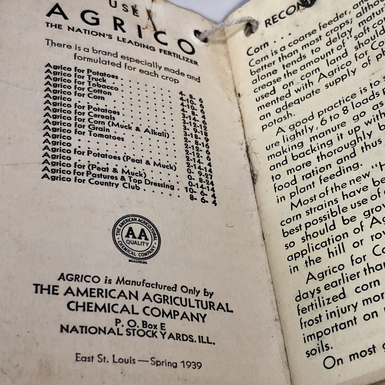 Vintage Agrico 1939 Advertising Fertilizer Memo Notebook Calendar Written Notes